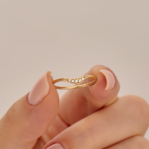 Pave Diamond Curved Ring 14K Gold – Women’s Stacking Enhancer Fine Band