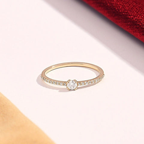 14K Solid Gold Diamond Solitaire Ring – Women's Minimalist Engagement Ring, Tiny Diamond Promise Band
