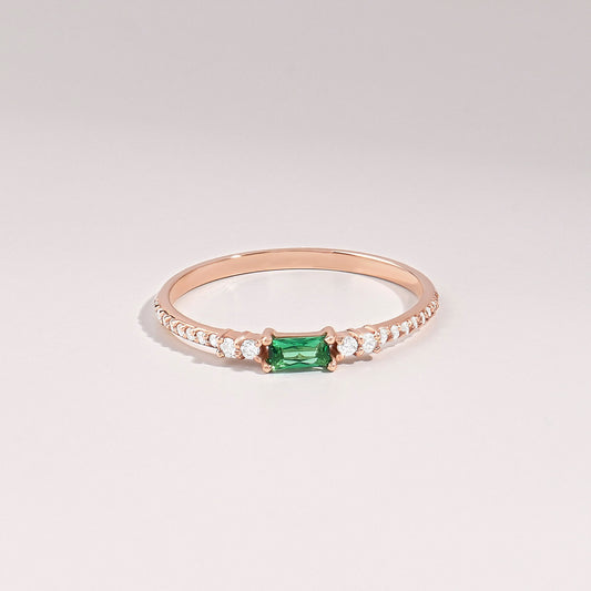 Minimalist Baguette Emerald Ring – 14k Solid Gold with Pavé Diamonds | May Birthstone Gift for Her’s Birthday