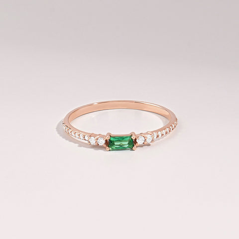 Minimalist Baguette Emerald Ring – 14k Solid Gold with Pavé Diamonds | May Birthstone Gift for Her’s Birthday