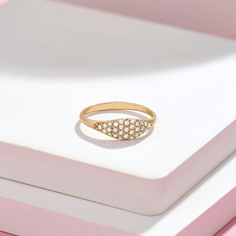 14k Solid Gold Pave Diamond Pinky Ring - Slim Unique Signet Ring, Versatile Stacking Midi Band for Pointer Finger