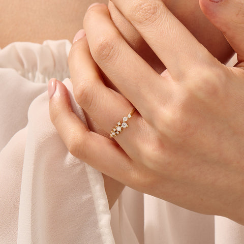 14k Solid Gold Diamond Cluster Ring • Unique Stackable Wedding Band • Dainty Minimalist Gift for Mom/Her