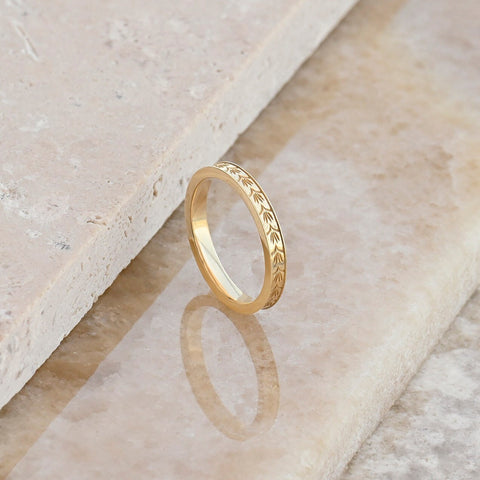 3mm Wheat Engraved Ring 14K Gold – His and Hers Simple Marriage Band