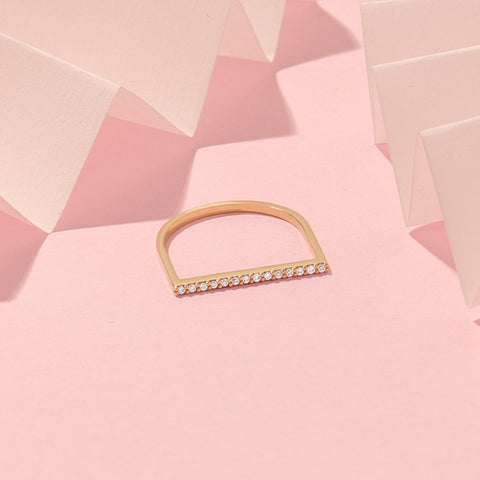 14k Solid Gold Diamond Flat Bar Ring, Dainty Fine Gold Jewelry, Pave Thin Stacking Band for Women, Minimalist Line Pointer Finger Ring