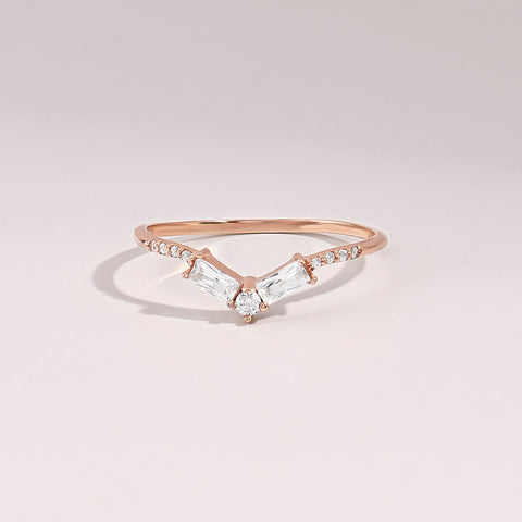 Women's Minimalist Curved 14K Gold Ring - V-Shaped Diamond Baguette Wedding Band, Stackable Nesting Bridal Jewelry