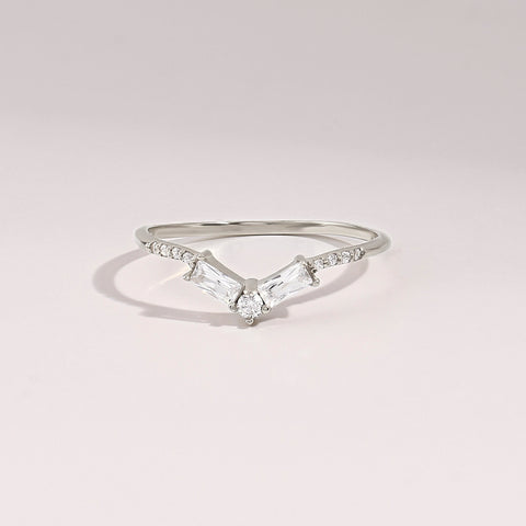 Women's Minimalist Curved 14K Gold Ring - V-Shaped Diamond Baguette Wedding Band, Stackable Nesting Bridal Jewelry