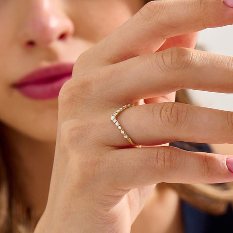Women's 14K Solid Gold Curved Diamond Ring V-Shaped Dainty Stackable Contour Band & Nesting Enhancer