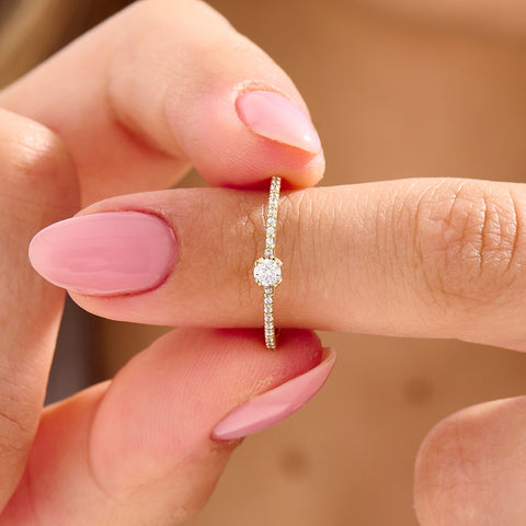 14k Solid Gold Diamond Engagement Ring | 0.3ctw Minimalist Solitaire Half Eternity Band | Promise Gift for Her Birthday