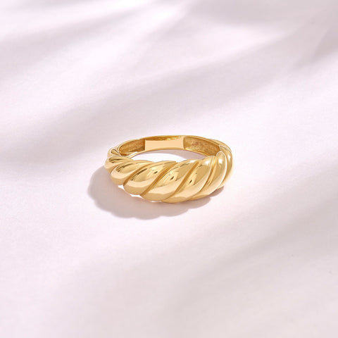 14K Solid Gold Shrimp Croissant Dome Ring – Chunky Twisted Rope Statement Band