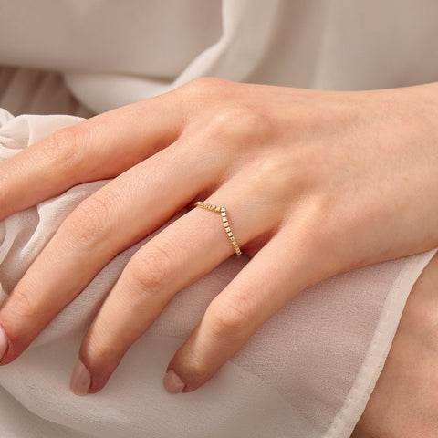 Solid Gold Curved V-Shaped Wedding Band - Diamond Half Eternity Ring, Solitaire Engagement Enhancer