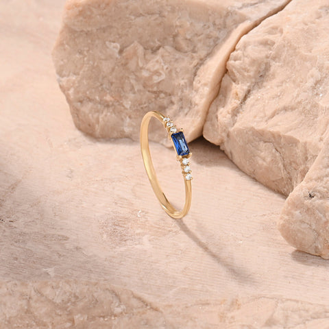 Dainty Blue Baguette Sapphire Ring – 14k Solid Gold | Minimalist Engagement Piece | September Birthstone Gift for Mom