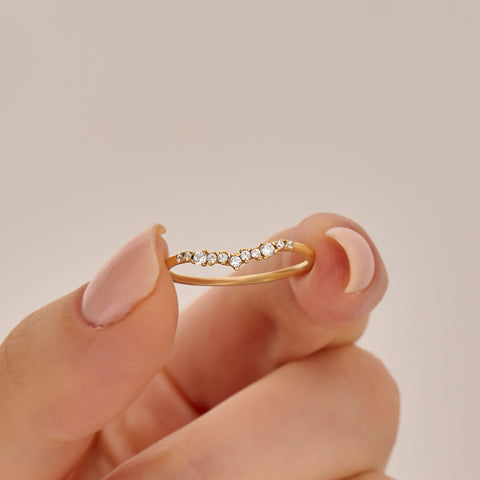 14k Solid Gold Nesting Enhancer Band – Curved Diamond Contour Ring, Minimalist Shaped Stacking Bridal Jewelry for Women