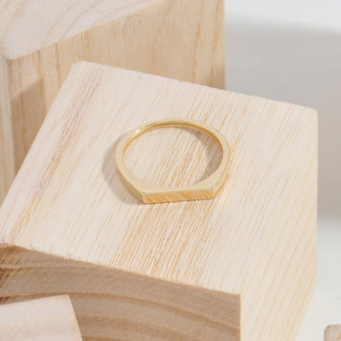 14k Solid Gold Signet Bar Ring – Modern Thick Flat Line Ring, Unique Geometric Handmade Band