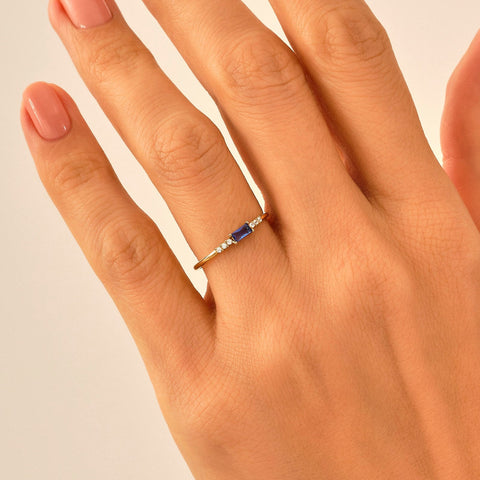 Dainty Blue Baguette Sapphire Ring – 14k Solid Gold | Minimalist Engagement Piece | September Birthstone Gift for Mom