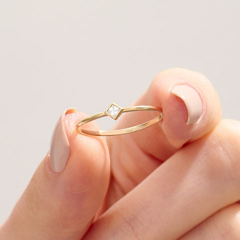 14k Gold Tiny Diamond Solitaire Ring | Minimal Princess-Cut Promise Ring | Basic Pinky/Engagement Ring for Women