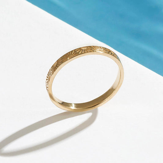 14k Solid Gold Sun Wedding Band | Comfort Fit Celestial Ring | Minimalist Matching Couples Ring for Men & Women
