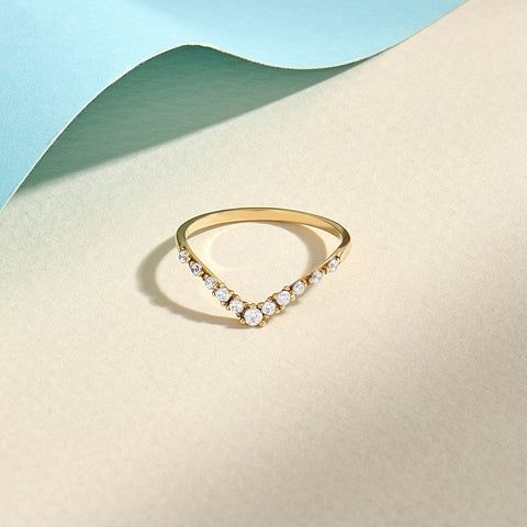 Women's 14K Solid Gold Curved Diamond Ring V-Shaped Dainty Stackable Contour Band & Nesting Enhancer
