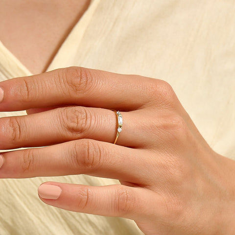 14k Solid Gold Baguette Diamond Ring | Minimalist Engagement Ring & Stacking Band for Women | Dainty Jewelry Gift for Her
