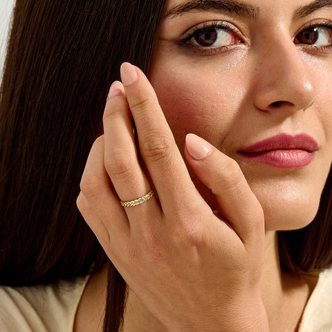 Nature-Inspired Wheat Ring 14K Gold – Unisex Floral Texture Gold Band