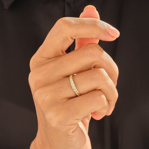 Nature-Inspired Wheat Ring 14K Gold – Unisex Floral Texture Gold Band