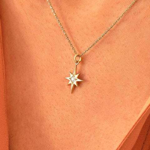 14k Solid Gold Diamond North Star Pendant - Dainty Compass Star Charm, Celestial Necklace