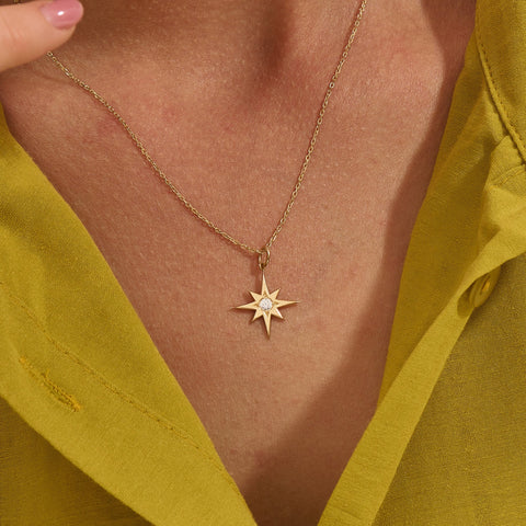 14k Solid Gold Diamond North Star Pendant - Dainty Compass Star Charm, Celestial Necklace