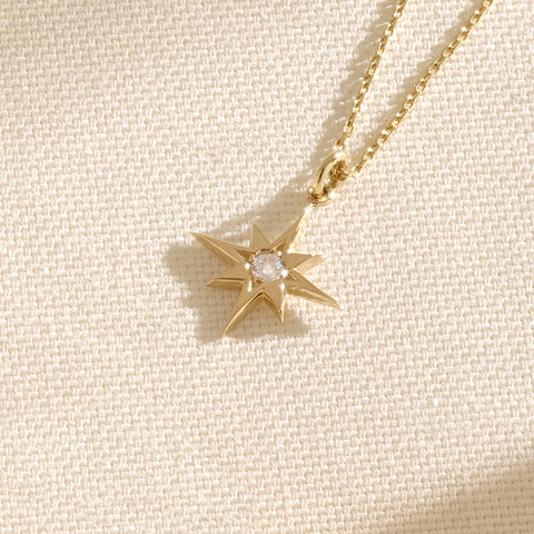 14k Solid Gold Diamond North Star Pendant - Dainty Compass Star Charm, Celestial Necklace