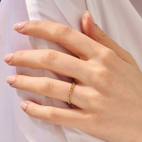 14k Solid Gold Figaro Chain Ring – Dainty Cuban Link Band, Minimalist Stacking Ring