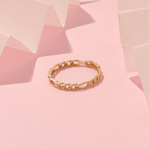 14k Solid Gold Figaro Chain Ring – Dainty Cuban Link Band, Minimalist Stacking Ring