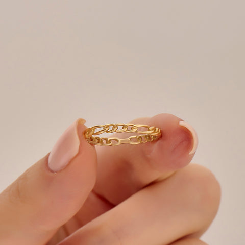 14k Solid Gold Figaro Chain Ring – Dainty Cuban Link Band, Minimalist Stacking Ring