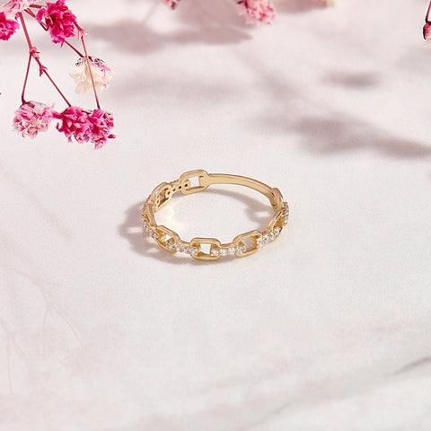 14k Solid Gold Diamond Open Link Ring – Women's Minimalist Stackable Eternity Band, Handmade Dainty Gift
