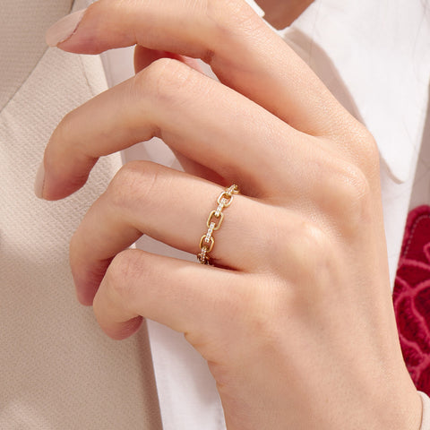 14k Solid Gold Diamond Open Link Ring – Women's Minimalist Stackable Eternity Band, Handmade Dainty Gift