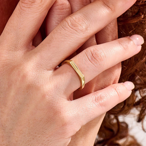14k Solid Gold Signet Bar Ring – Modern Thick Flat Line Ring, Unique Geometric Handmade Band