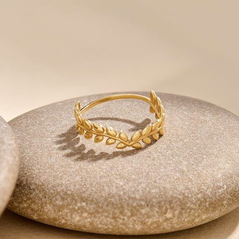 14K Solid Gold Olive Branch Ring – Dainty Leaf Vine Stackable Wedding Band