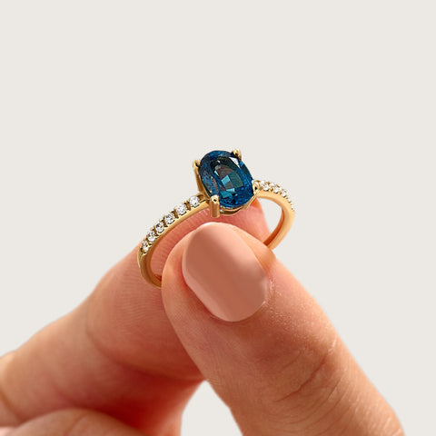 Oval Blue Sapphire Solitaire 14k Gold - Handmade Bridal Ring with Dainty Diamonds, Engagement Ring for Her
