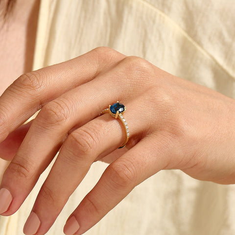 Oval Blue Sapphire Solitaire 14k Gold - Handmade Bridal Ring with Dainty Diamonds, Engagement Ring for Her