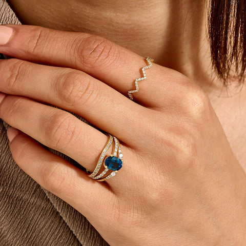 Oval Blue Sapphire Solitaire 14k Gold - Handmade Bridal Ring with Dainty Diamonds, Engagement Ring for Her