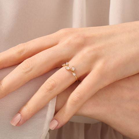 Marquise Diamond Leaf Ring – 14k Solid Gold Vine Floral Band | Nature-Inspired Stackable Wedding Ring for Women