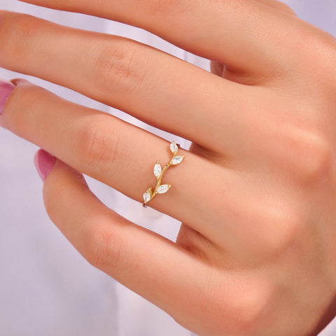 Marquise Diamond Leaf Ring – 14k Solid Gold Vine Floral Band | Nature-Inspired Stackable Wedding Ring for Women