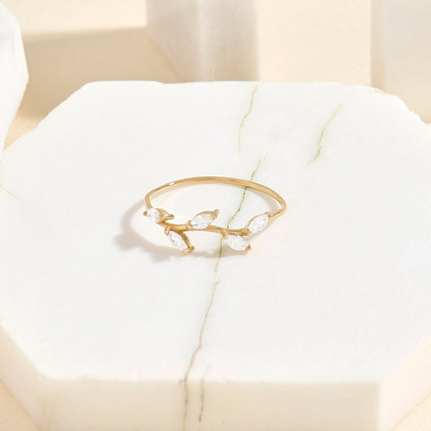 Marquise Diamond Leaf Ring – 14k Solid Gold Vine Floral Band | Nature-Inspired Stackable Wedding Ring for Women
