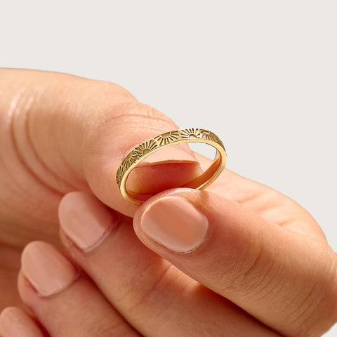 14k Solid Gold Sun Wedding Band | Comfort Fit Celestial Ring | Minimalist Matching Couples Ring for Men & Women