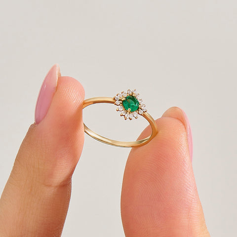 14k Solid Gold Emerald Diamond Halo Ring | Dainty Green Flower Solitaire Ring | Tiny Promise Ring for Women