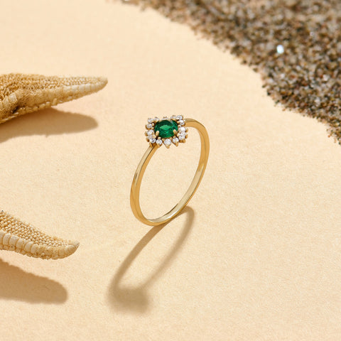 14k Solid Gold Emerald Diamond Halo Ring | Dainty Green Flower Solitaire Ring | Tiny Promise Ring for Women