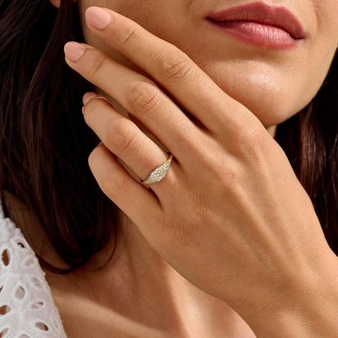 14k Solid Gold Pave Diamond Pinky Ring - Slim Unique Signet Ring, Versatile Stacking Midi Band for Pointer Finger