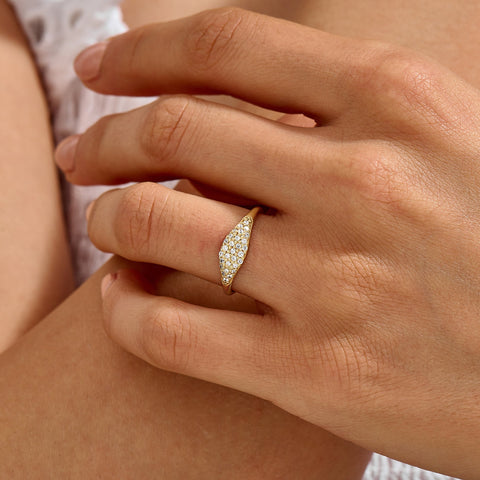14k Solid Gold Pave Diamond Pinky Ring - Slim Unique Signet Ring, Versatile Stacking Midi Band for Pointer Finger