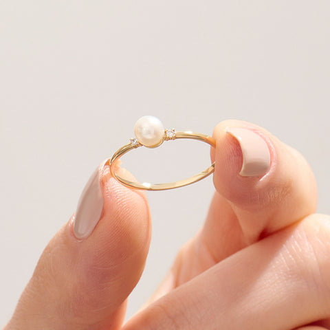 Dainty Freshwater Pearl Engagement Ring – 14k Solid Gold | Tiny Diamond Accent | Handmade Minimal Stacking Gift