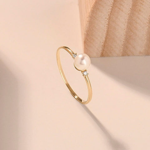 Dainty Freshwater Pearl Engagement Ring – 14k Solid Gold | Tiny Diamond Accent | Handmade Minimal Stacking Gift