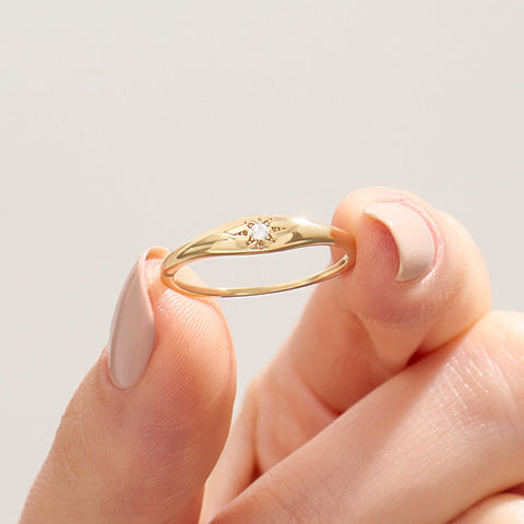 14k Solid Gold Diamond Starburst Pinky Ring - Small Signet Celestial Ring, Dainty Stacking Band