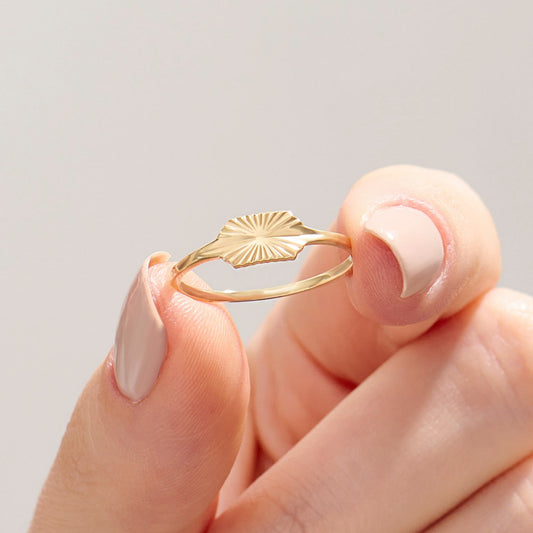Sun Engraved 14k Real Gold Signet Ring – Dainty Slim Pinky Band | Celestial Stacking Jewelry Gift for Women