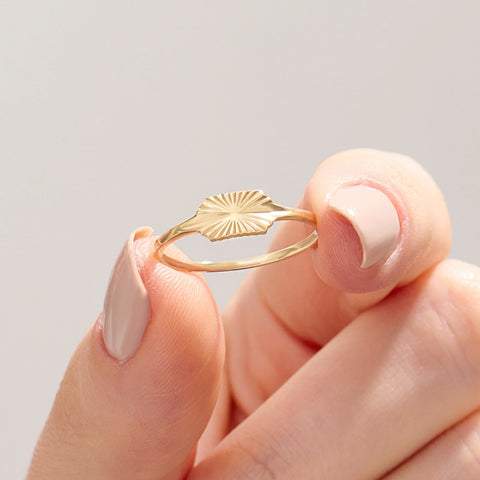 Sun Engraved 14k Real Gold Signet Ring – Dainty Slim Pinky Band | Celestial Stacking Jewelry Gift for Women